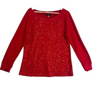 Chaps Women's Raglan Thermal Top Red Sequin Classic Valentine Christmas Glam XL